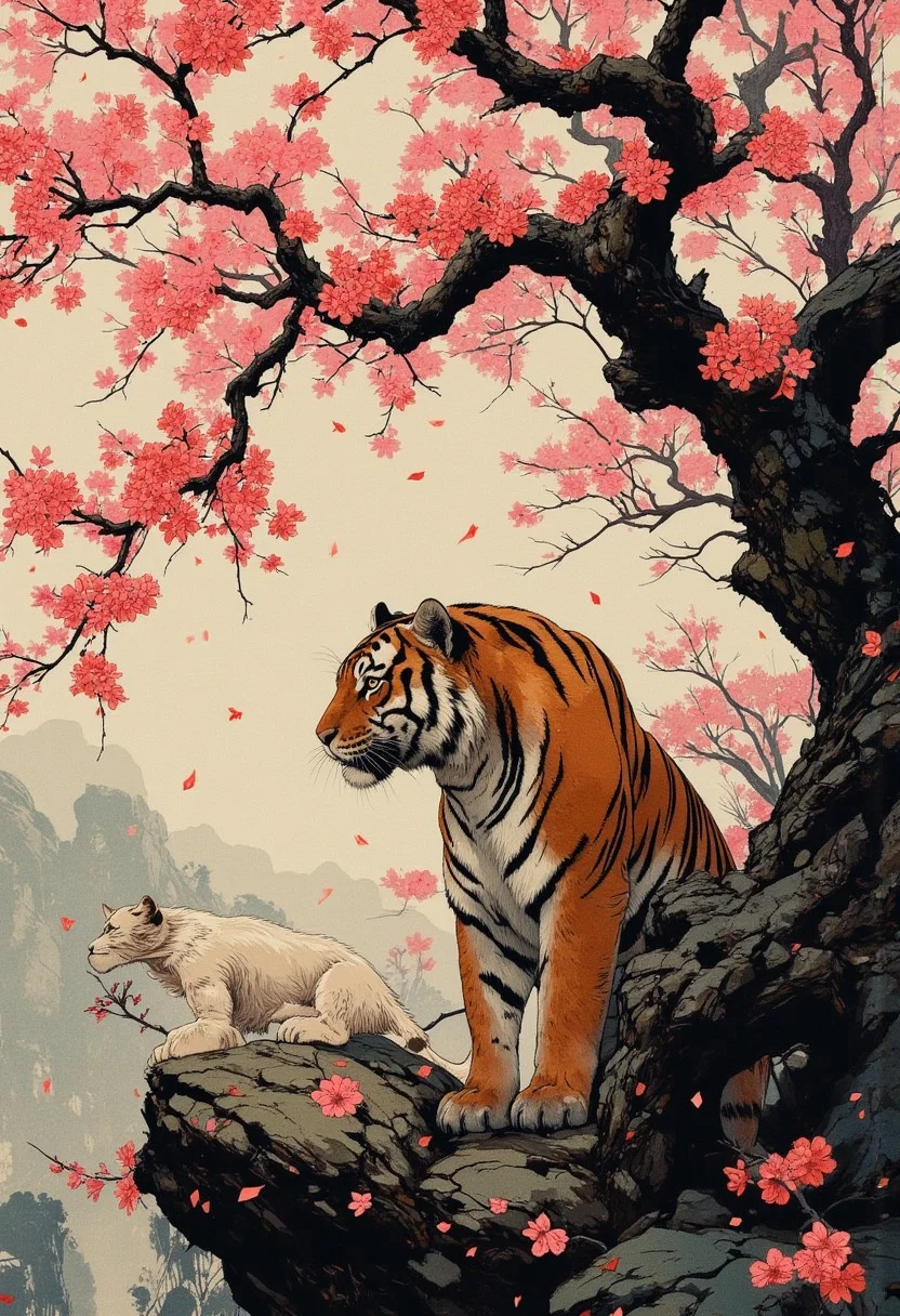 Poetic sumi-e with meticulously rendered cherry blossoms cascading across washi paper, embodying the concept of mono no aware. The traditional ink wash technique creates a gradient from deep black to misty pink, with negative space suggesting spring wind. Red blossoms accents catch imaginary light, while asymmetrical composition draws the eye through bold brush strokes and delicate detailing. Tiger posed lower corner, balanced by white fur tiger. The scattered blossoms display deliberate imperfections celebrating wabi-sabi principles, some rendered with a single masterful brushstroke, others with textural dry-brush technique, capturing the melancholic beauty of nature's transitional moments through the philosophical lens of yugen. <lora:aidmaFLUXPro1.1-FLUX-v0.3:0.7> <lora:ck-charcoal-drawing-000014:0.5> <lora:Niji B:0.7> <lora:bm-goth_epoch_1:0.3> <lora:flux_ptchkrawk:0.1> <lora:flux_dev:1> extremely high-resolution details, photographic, realism pushed to extreme, fine texture, incredibly lifelike, Cinematic, beautiful, vibrant, masterpiece, 32k, ultra HD, ultra-detailed, amazing quality, amazing artist, sharp edges, detailed textures, full view, atmospheric lighting, amazing visuals