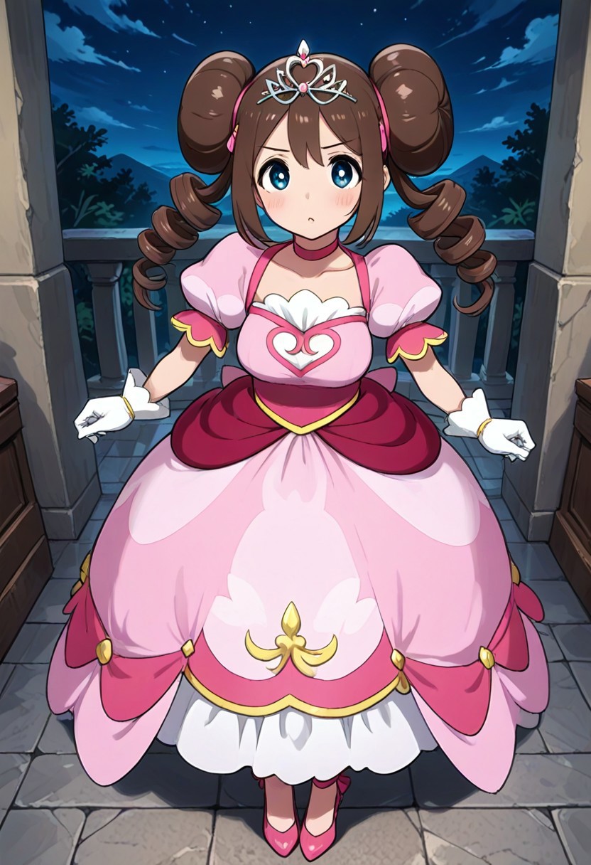 2d, masterpiece, best quality, amazing quality, 1girl, (solo), standing, night, sky, ,prinrosa, brown_hair, blue_eyes, double_bun, twin_drills, collarbone, pink_dress, very_long_dress, short_sleeves, white_gloves, tiara, pink_footwear, high_heels