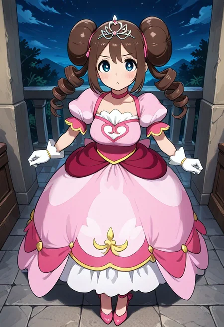 2d, masterpiece, best quality, amazing quality, 1girl, (solo), standing, night, sky, ,prinrosa, brown_hair, blue_eyes, double_bun, twin_drills, collarbone, pink_dress, very_long_dress, short_sleeves, white_gloves, tiara, pink_footwear, high_heels