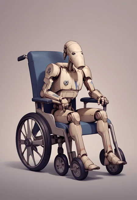 score_9, score_8_up, score_7_up, score_6_up BREAK solo,wheelchair,sitting, B1 Droid <lora:Wheelchair_XLPD:1> <lora:B1 Droid v1.0 PONY:0.8>