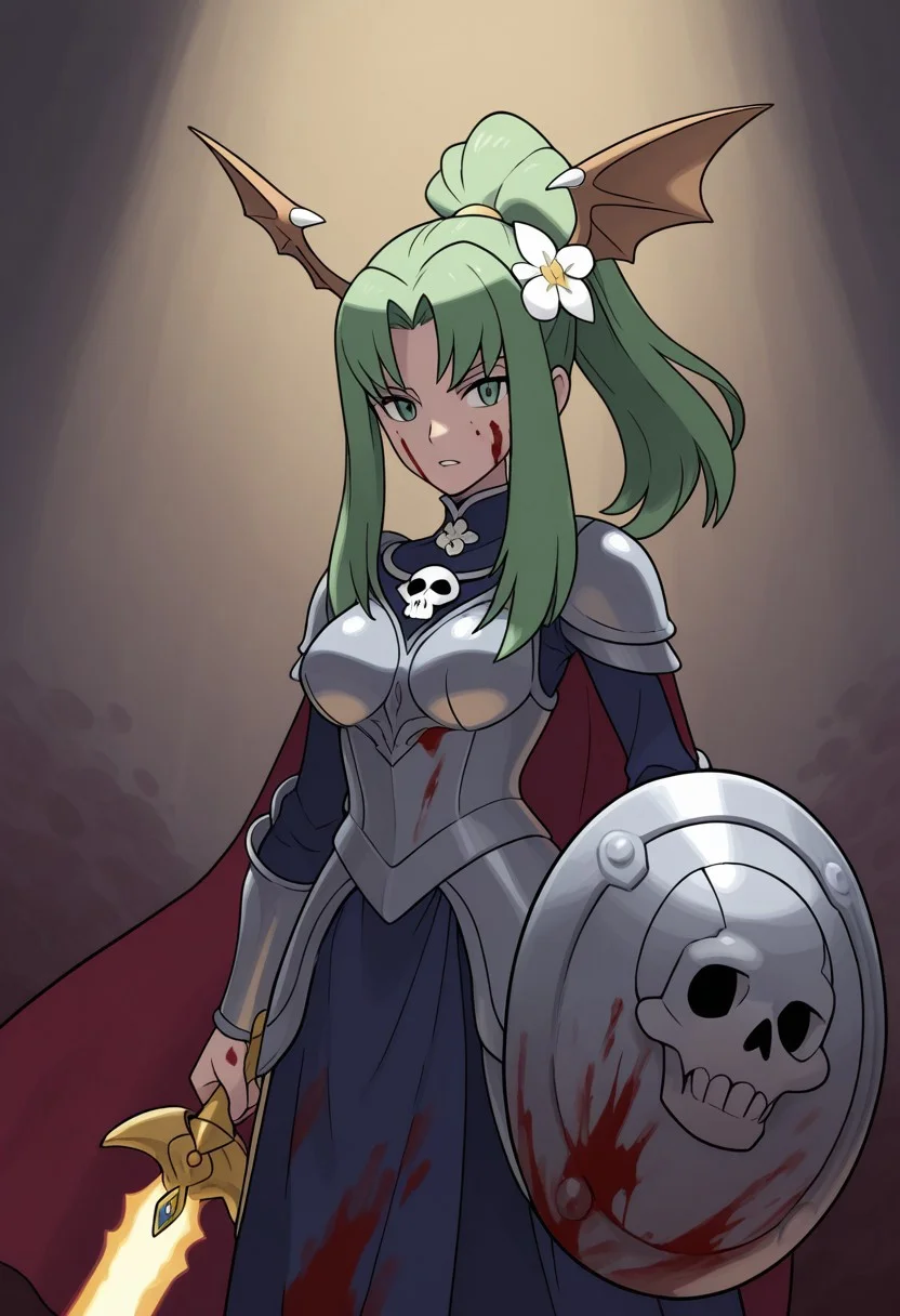 sugimorixd,
1girl, solo, ponytail, breasts, armor, armored dress, blood, blood on clothes, blood on face, cape, dress, flower, green eyes, green hair, hair flower, hair ornament, head wings, holding, holding shield, holding sword, holding weapon, medium breasts, shield, skull, sword, sword of seiros, weapon, white flower, wings