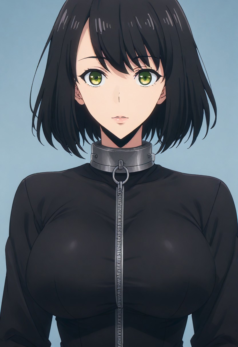 HanSongYiSL - SongYi. 
<lora:neg4all_bdsqlsz_V3.5:2.0>1girl, (solo:1.1), huge breasts, <lora:Han Song iponyxl:1> mole under eye, Glowing green eyes, black hair, medium hair, bangs. 
(upper body with hair covering both ears)
(black latex outfit with zipper on neck)
(O-Ring attached with zipper on neck closing the black latex suit)
(latex long sleeves)
(big breasts cover by latex:1.5) 
(muscular body:1.5) 
(pink lips:1.5) 
(hourglass waist:1.5) 
((Iron collar metal O-Ring))
(hands behind her hips) 
(blue background)
((perfect female figure)) (beautiful detailed eyes, ultra-detailed, intricate details, beautiful detailed face, perfect face).