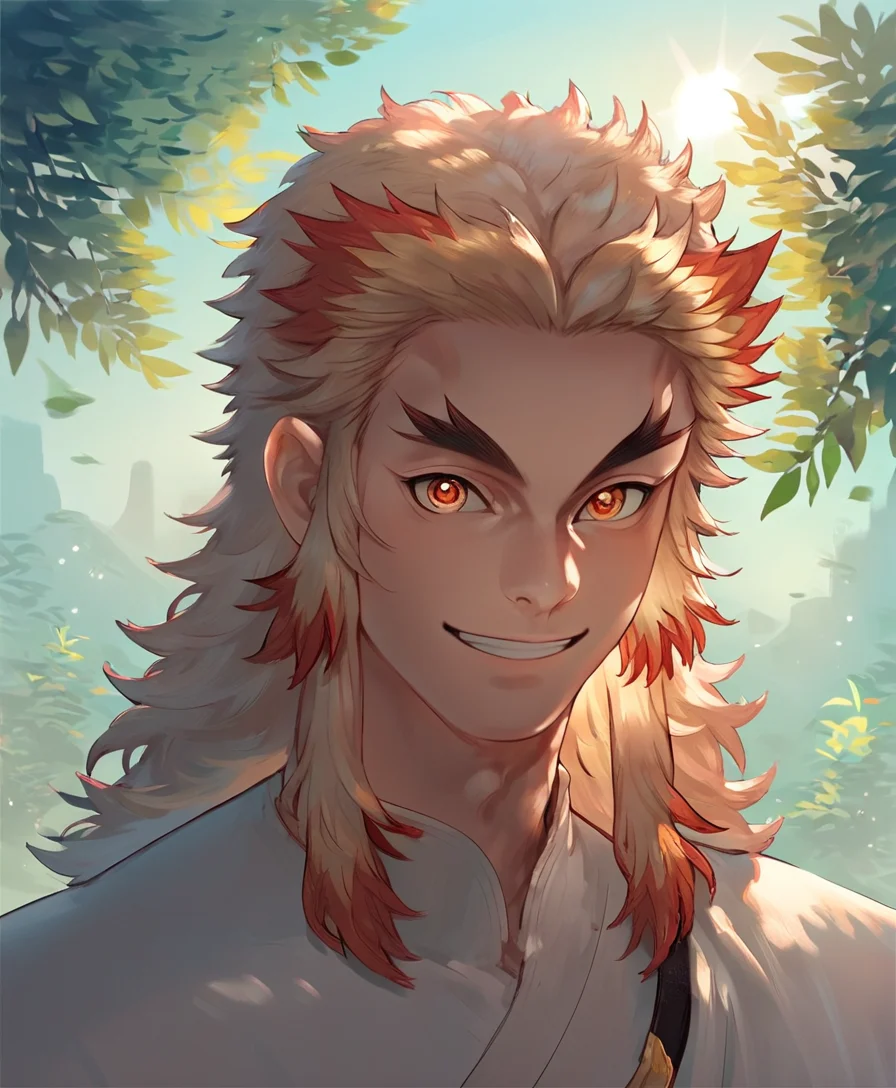 rengoku, male focus, manly, portrait, outside, sunlight, smile, looking at you, score_9, score_8_up, score_7_up, score_6_up, score_5_up, score_4_up, source_anime<lora:rengoku46:1> <lora:smooth:1>