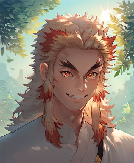 rengoku, male focus, manly, portrait, outside, sunlight, smile, looking at you, score_9, score_8_up, score_7_up, score_6_up, score_5_up, score_4_up, source_anime<lora:rengoku46:1> <lora:smooth:1>