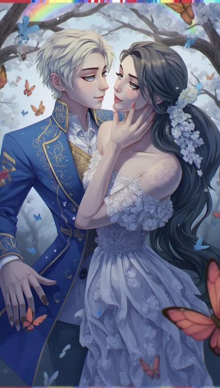 <lora:ck-LttleGhost-000011.safetensors:1> in the style of ck-lttlegh0stIn a breathtaking digital painting, a pale-skinned bride and groom share a tender kiss amidst a whimsical fairy tale setting. The groom wears a blue tailcoat adorned with intricate patterns, while the bride dons a flowing off-shoulder lace gown. Surrounded by fluttering butterflies and an ethereal misty sky, the couple is bathed in a soft rainbow glow cast by delicate fairy lights.
