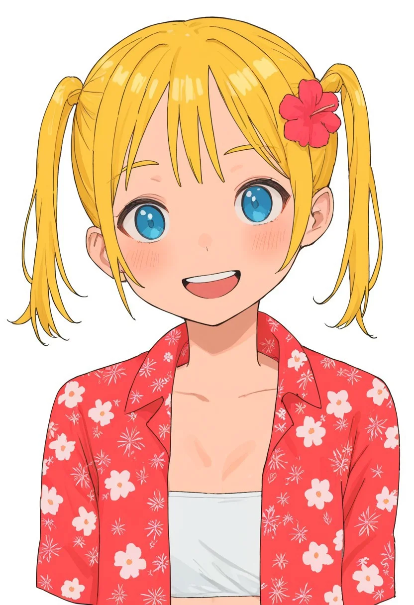 1girl, blonde hair, blue eyes, blush, collared shirt, cropped shoulders, flower, hair flower, hair ornament, hatsuura tsuna (mashiro ka), hawaiian shirt, looking at viewer, open clothes, open shirt, portrait, red shirt, shirt, simple background, smile, solo, straight-on, teeth, twintails, upper teeth only, white background, zPDXL3