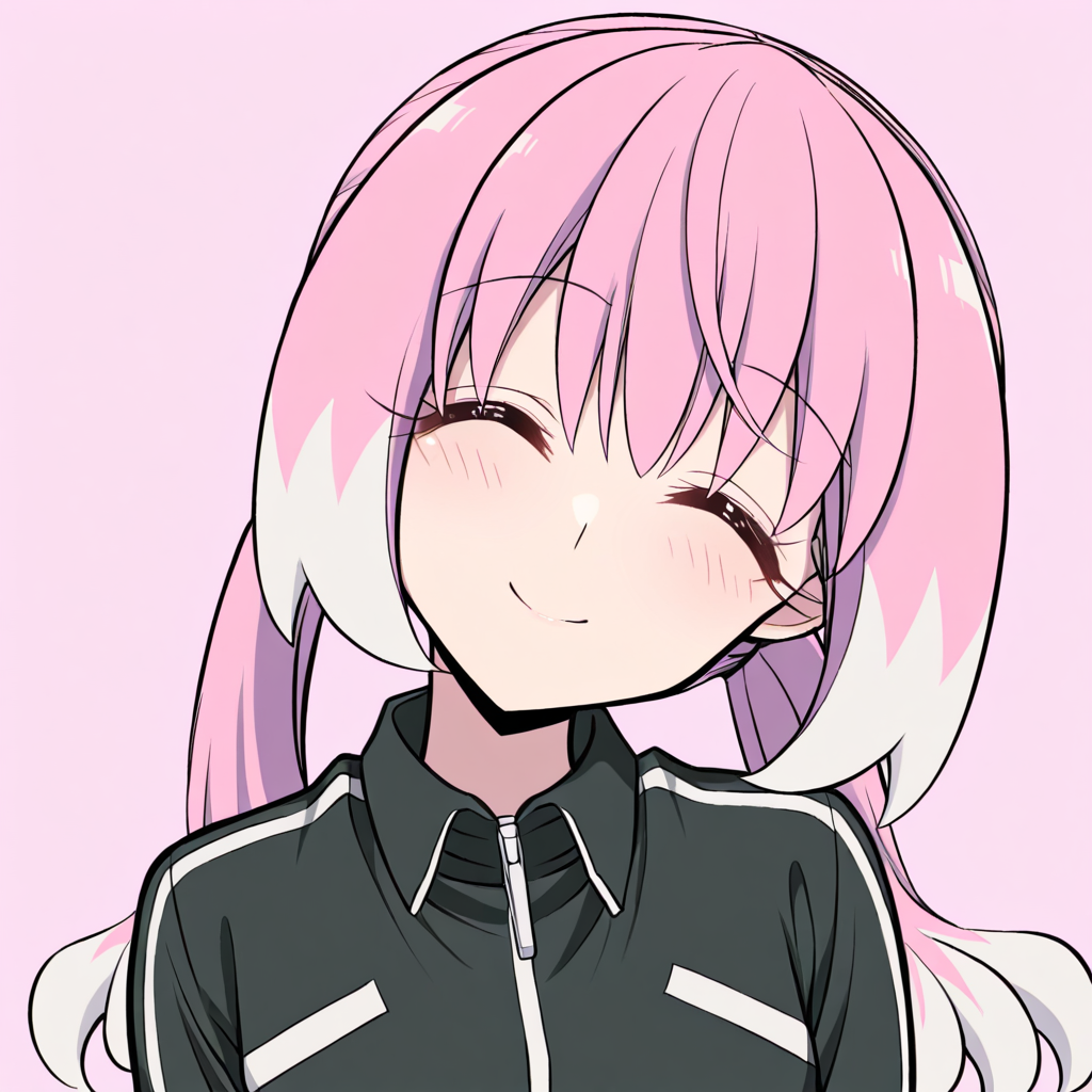 masterpiece, best quality, hiiragi nana, 1girl, solo, closed eyes, smile, pink background, two-tone hair, long hair, black track jacket, 
^ ^, raised eyebrows, low twintails, pink hair, white hair, head tilt, upper body,  <lora:Talentless_Nana_-_( Nana+Nanao) _Timeskip-000005:1>