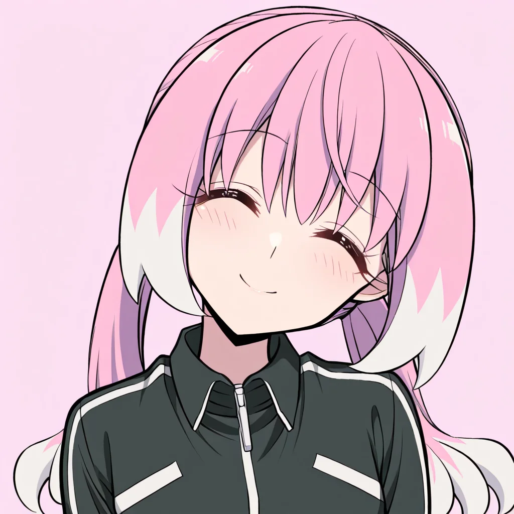 masterpiece, best quality, hiiragi nana, 1girl, solo, closed eyes, smile, pink background, two-tone hair, long hair, black track jacket,
^ ^, raised eyebrows, low twintails, pink hair, white hair, head tilt, upper body, <lora:Talentless_Nana_-_( Nana+Nanao) _Timeskip-000005:1>