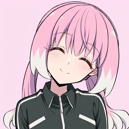 masterpiece, best quality, hiiragi nana, 1girl, solo, closed eyes, smile, pink background, two-tone hair, long hair, black track jacket,
^ ^, raised eyebrows, low twintails, pink hair, white hair, head tilt, upper body, <lora:Talentless_Nana_-_( Nana+Nanao) _Timeskip-000005:1>