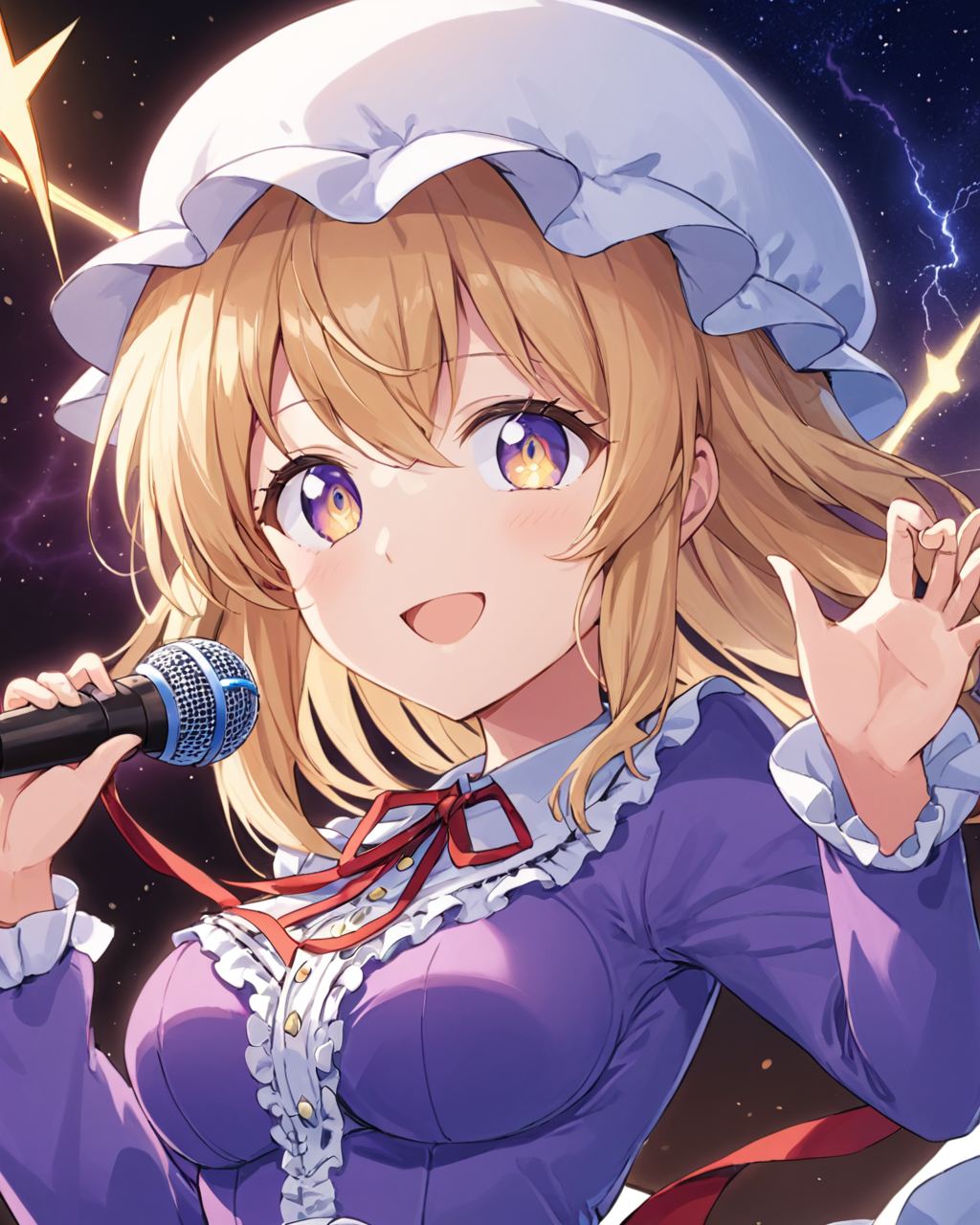 maribel hearn,1girl, solo, mob_cap, purple_dress, open_mouth, looking_at_viewer, long_sleeves, holding_microphone, red_ribbon, white_headwear, upper_body, frills, smile, neck_ribbon, lightning_bolt_symbol, breasts
<lora:maribel_hearn_image1596_2023-12-20-000014:1>,star-shaped_pupils,symbol-shaped_pupils,. gorgeous,key visual, vibrant, studio anime,award-winning, professional, highly detailed,high budget, cinemascope