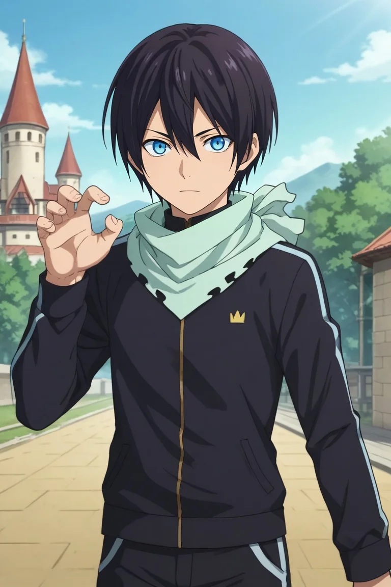 score_9, score_8_up, score_7_up, source_anime, rating_safe, , anime screencap, anime coloring, official style, looking at viewer, , 1boy, solo, male focus, <lora:yato_noragami_pony:0.74>, yato_noragami, black hair, blue eyes, short hair, hair between eyes, scarf, symmetry, castle, day, sunny, claw pose, speaking, talking, , <lora:sdxl_lightning_8step_lora:1>