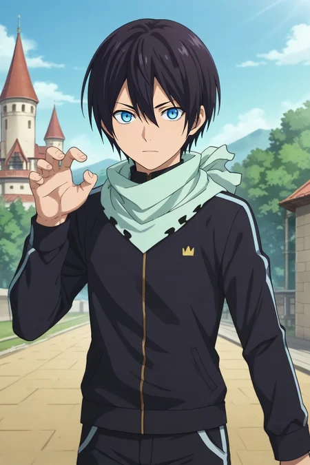 score_9, score_8_up, score_7_up, source_anime, rating_safe, , anime screencap, anime coloring, official style, looking at viewer, , 1boy, solo, male focus, <lora:yato_noragami_pony:0.74>, yato_noragami, black hair, blue eyes, short hair, hair between eyes, scarf, symmetry, castle, day, sunny, claw pose, speaking, talking, , <lora:sdxl_lightning_8step_lora:1>