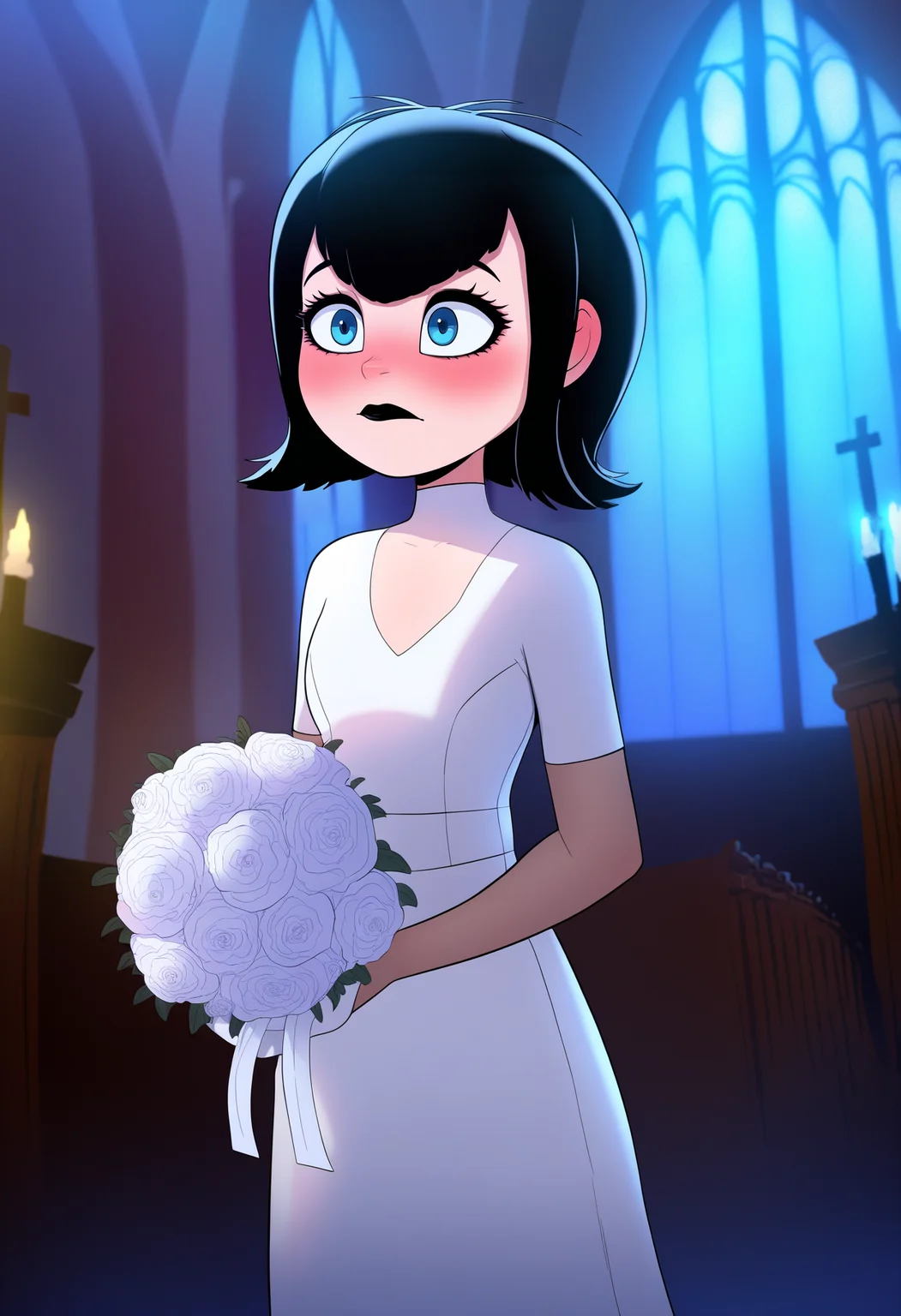 best quality, amazing quality, very aesthetic, absurdres,
1girl, mavis, black hair, bangs, blue eyes, black lips,
blush, wedding dress, white dress, long dress, night, church, dark, holding bouquet, <lora:MavisNoobXL_byKonan:1>