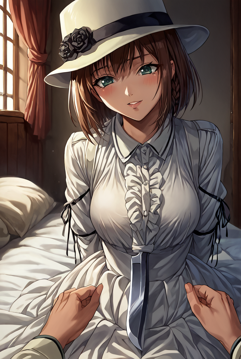 score_9, score_8_up, score_7_up,BREAK source_anime
masterpiece,8k,uncensored,(highres:1.3),high resolution, unity 8k wallpaper, detailed face, detailed CG, (perfect hands:1.5, perfect anatomy), (high quality, best quality) (curvy:1.2)(shiny skin:1.4) (oily skin:1.4)
evil smile, gesugao, shaded face, wide_smile,
bed, bedroom, downblouse,
standing, legs together, arm behind back, holding knife,lying on man,on stomach, pov,
 <lora:charlotte_corday:1>short hair, brown hair, braid, green eyes, hat, white shirt, long sleeves, ribbon, red flower, black flower, white skirt.     
 <lora:Code geass:1>