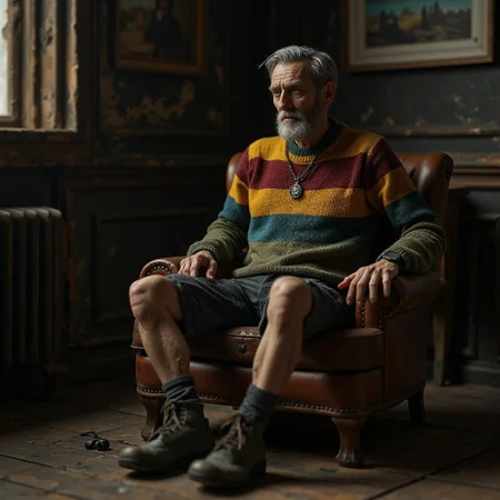 <lora:ck-plastic-models.safetensors:1> a tiny, diorama of a plastic model kit featuring
In a desolate, dimly lit room, a man sits on a decaying wooden chair, the brown leather upholstery cracked and peeling, revealing dusty, weathered wood beneath. The room’s dark-paneled walls are marred by deep, pitted scratches and patches of peeling paint, casting long, eerie shadows. The air is thick with a musty, lifeless scent, and the few artworks hanging on the walls are faded, their frames worm-eaten and brittle.
The man, a figure in his late forties with a gaunt, ashen face, wears a sweater that has seen better days. The once-vibrant, broad horizontal stripes are now muted, the mustard yellow and forest green reduced to sickly, pallid hues, the deep blue and wine red to muted, lifeless tones. The rich brown has turned to a dingy, ashen gray, and the mid-weight knit is now rough and frayed, with holes and tears exposing his bony frame.
His legs are splayed apart, hands hanging limply from his thighs, the skin pale and veiny. His eyes, sunken and hollow, gaze out with a haunted, almost vacant expression. His hair, once neatly styled, is now matted and unkempt, falling in lank strands around a face framed by a patchy, unkempt beard. The pendant necklace around his neck is tarnished, the circular medallion cracked and dull, and the sleek black watch on his wrist is scuffed, the metallic bracelet corroded and discolored.
The soft, clear lighting of the original setting has been replaced by harsh, directional light that casts deep, jagged shadows across the room, emphasizing the decay and fragility. The composition, once harmonious, now exudes a chilling, surreal sense of abandonment and dread.
- the entire model kit is made from finely detailed, plastic pieces.