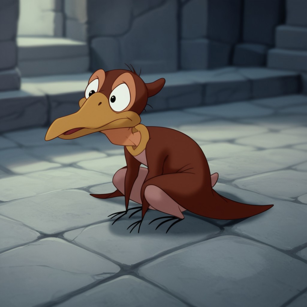 score_9, score_8_up, score_7_up, score_6_up, source_furry, Petrielbtv2, feral, male, Pteranodon, brown skin, black eyes, membranous wings, winged arms, squatting, arms between legs, head turned, stone floor,