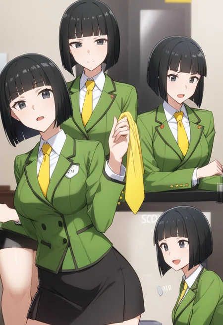score_9, score_8_up, score_7_up, source_anime, rating_explicit, best quality, masterpiece, uncensored,
human, female, cosChihhi, black hair, black eyes, hair slicked back, hime cut, blunt bangs bob cut,
green jacket, black miniskirt, yellow necktie,
<lora:lora_cosChihhi_xl_v1_pony:0.8>