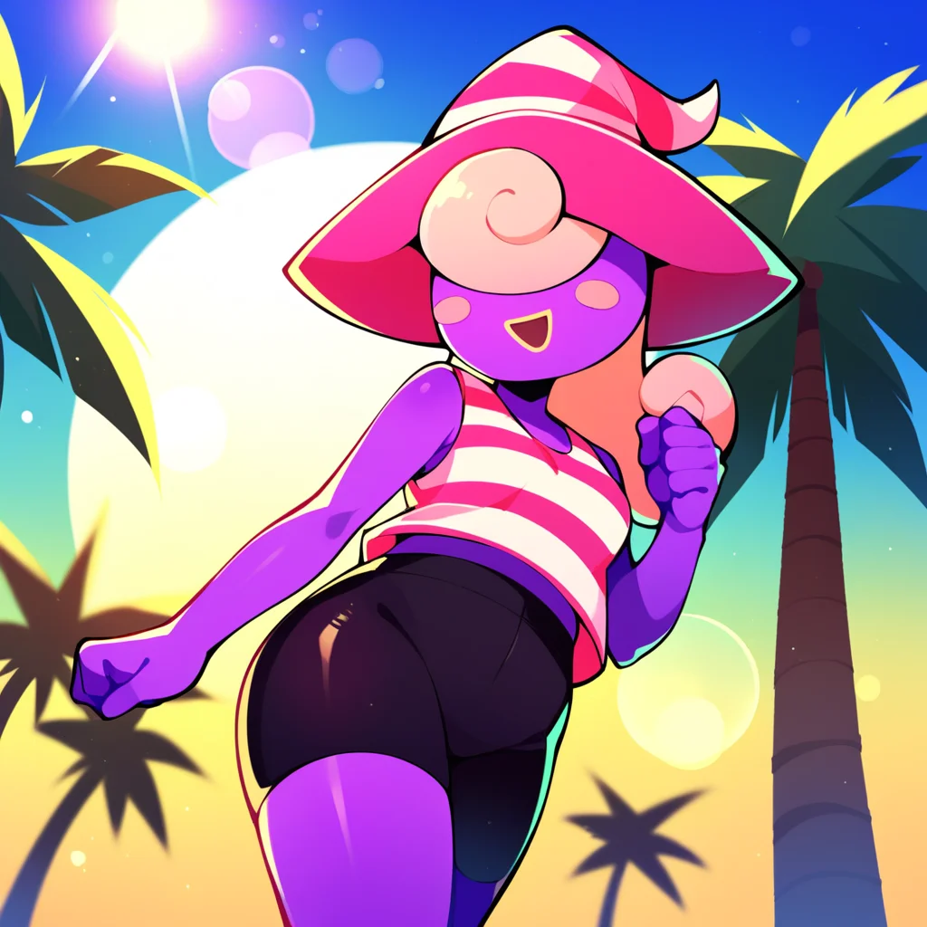 score_9, score_8_up, score_7_up, score_6_up, source_anime, best quality, summer, sun, sun rays, palm trees, park, clouds, yellow background, BREAK 1girl, solo, vivian_(\paper_mario\), purple body, pink hat, witch hat, ghost, pink hair, long hair, no eyes, smile, open mouth, pink tank top, bike shorts, raised fist, cowboy shot, from below, <lora:PDXL_Vivian_PM:1>