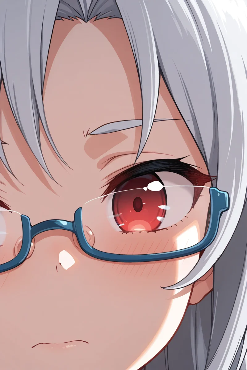 masterpiece, best quality, amazing quality,
 <lora:Shiro_IL:1> shiro, 1girl, solo, glasses, red eyes, close-up, semi-rimless eyewear, under-rim eyewear, grey hair, blue-framed eyewear