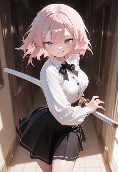 (masterwork, masterpiece, best quality, hyper-detailed, 8k uhd:1.4),
1girl, solo, CivChan, purple eyes, pink hair, medium hair, school uniform, standing looking sweet, coy, smiling sweetly, dark background,
iaidou,weapon, katana, holding sword, ready to draw, sheathed, unsheathing, scabbard,
masterpiece, extremely aesthetic, highly detailed, dynamic composition, vibrant colors, vivid colors, saturated,
<lora:LoraILXL10_YamiStyle_v1:0.8> <lora:CivChan:1> <lora:iaido_Illust_v1:1>