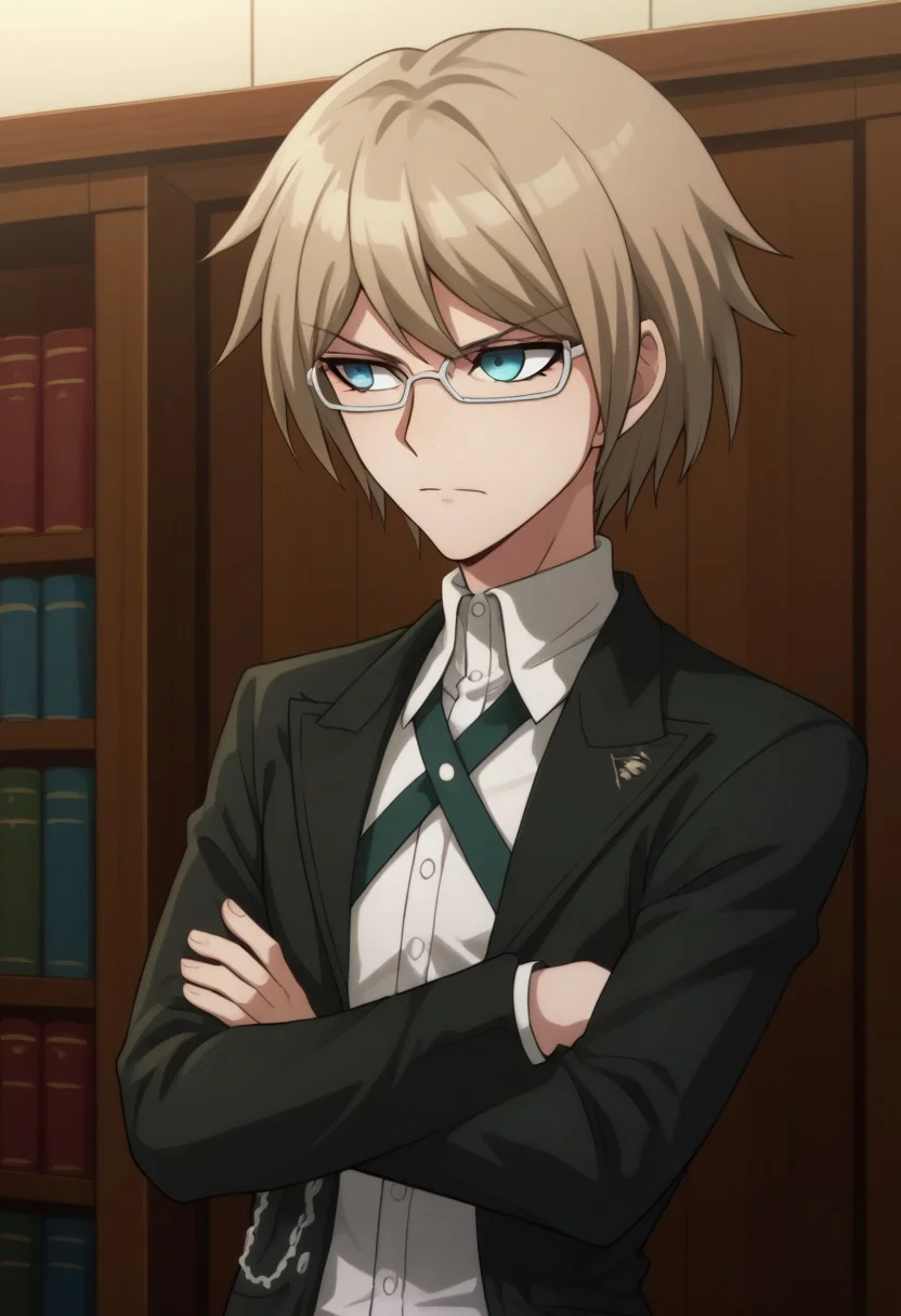 score_9, score_8_up, score_7_up, source_anime, highly detailed,
togami, 1boy, male focus, solo, shirt, glasses, jacket, bangs, crossed arms, collared shirt, upper body,
white shirt, short hair, black jacket, long sleeves, open jacket, open clothes, closed mouth, dress shirt,
chain, semi-rimless eyewear, blue eyes, brown hair, shiny hair,
indoor, books, bookshelf,