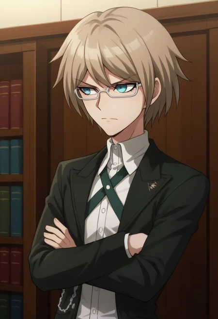 score_9, score_8_up, score_7_up, source_anime, highly detailed,
togami, 1boy, male focus, solo, shirt, glasses, jacket, bangs, crossed arms, collared shirt, upper body,
white shirt, short hair, black jacket, long sleeves, open jacket, open clothes, closed mouth, dress shirt,
chain, semi-rimless eyewear, blue eyes, brown hair, shiny hair,
indoor, books, bookshelf,
