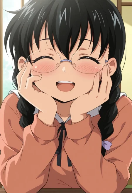 masterpiece,best quality,amazing quality, izumi yuka, glasses, black hair, twin braids, 1girl, solo, closed eyes, open mouth, braid, blush, smile, long hair, hand on own face, hand on own cheek, ^ ^