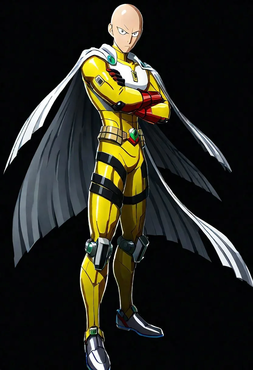ncrender of saitama from one punch man as a cyborg hero of justice who can defeat any enemy in a single punch,simple background,black background