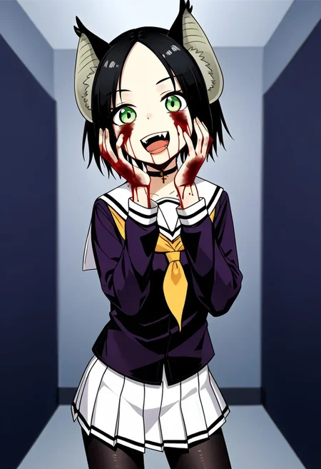 score_9, score_8_up, score_7_up, score_6_up, score_5_up, score_4_up,, 1girl, solo, original anime, Chii Suimori, bat girl, short hair, black hair, bat ears, fluff on ears, bald forehead, flat chest, (green eyes: 1.1),
skirt, school uniform, pleated skirt, serafuku, white skirt, shirt, purple shirt, sailor collar, white sailor collar, long sleeves, handkerchief, yellow handkerchief, long pantyhose, black pantyhose, choker with cross
 black hair, crazy smile, dark aura, fangs, smug look, open mouth, fangs with song, ((blood, blood on clothes, blood splashes, abstract, wall full of blood, on a wall of blood, depth of field), standing, hands on face, fighting pose