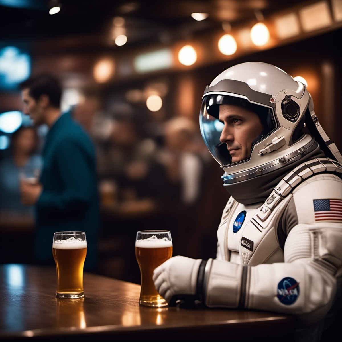 cinematic photo a man in a spacesuit, having a beer in a pub, text ''NASA'', text ''COOPER''  <lora:Interstellar1024-000006:0.8> . 35mm photograph, film, bokeh, professional, 4k, highly detailed