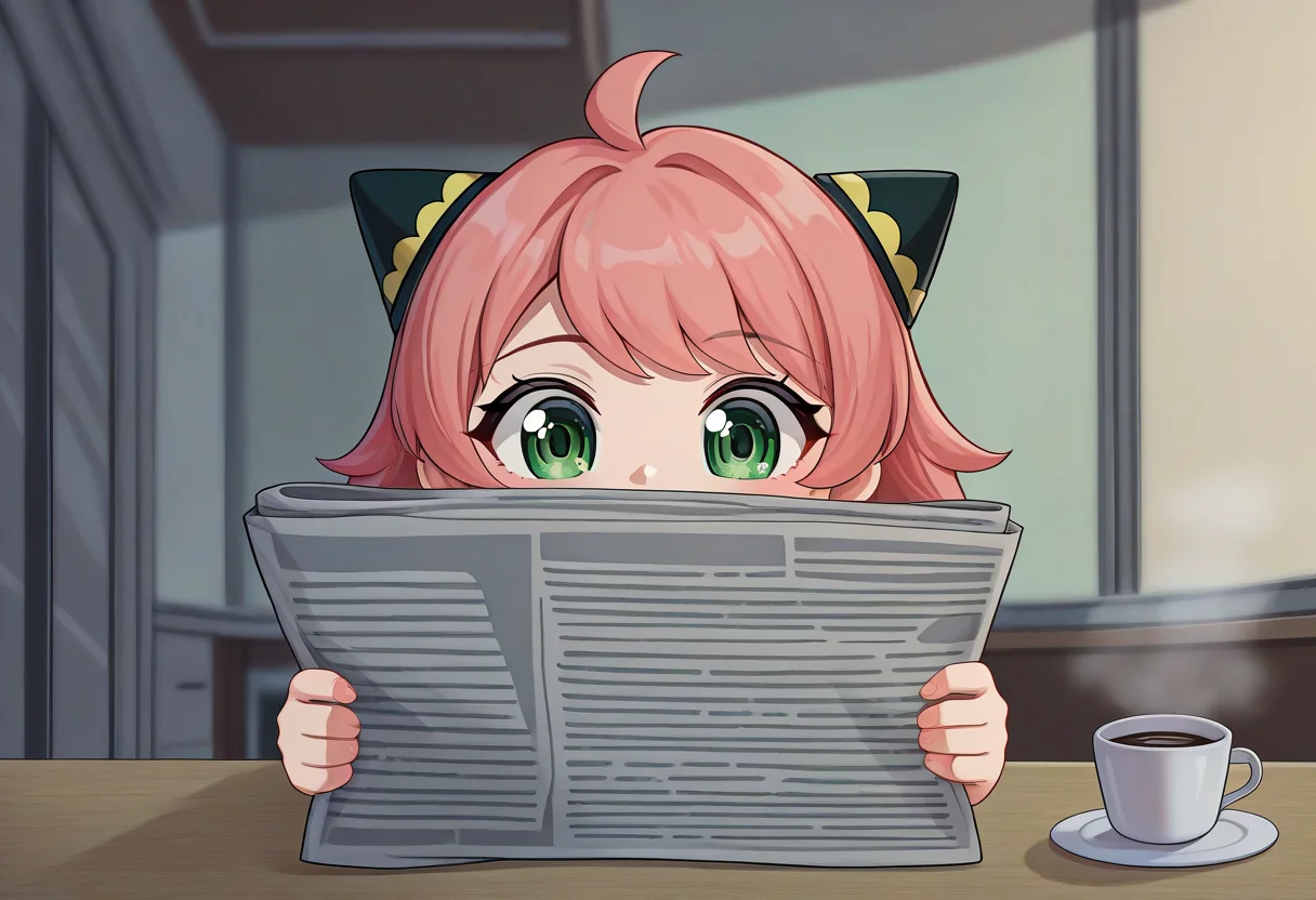 1girl, anya forger, holding newspaper, coffee, table, sitting at table, steam, kitchen, masterpiece,best_quality,SimplePositiveXLv2, newest, masterpiece, best quality, absurdres, highres, highly detailed, very aesthetic, <lora:add-detail-xl:2>,