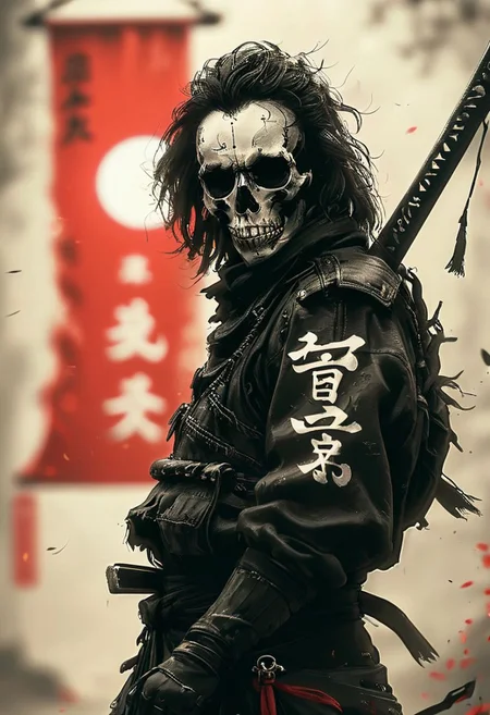 assassinkahb style, a black and white photo of an assassin wearing a motorcycle jacket with japanese writing on the back, katana, solo, simple background, 1boy, white background, jacket, monochrome, upper body, greyscale, male focus, long hair in wind, weapon, clothes writing, skull, skeleton, japanese flag, atmospheric haze, Film grain, cinematic film still, shallow depth of field, highly detailed, high budget, cinemascope, moody, epic, OverallDetail, gorgeous, 2000s vintage RAW photo, photorealistic, candid camera, color graded cinematic, atmospheric lighting, skin pores, imperfections, natural, shallow dof,