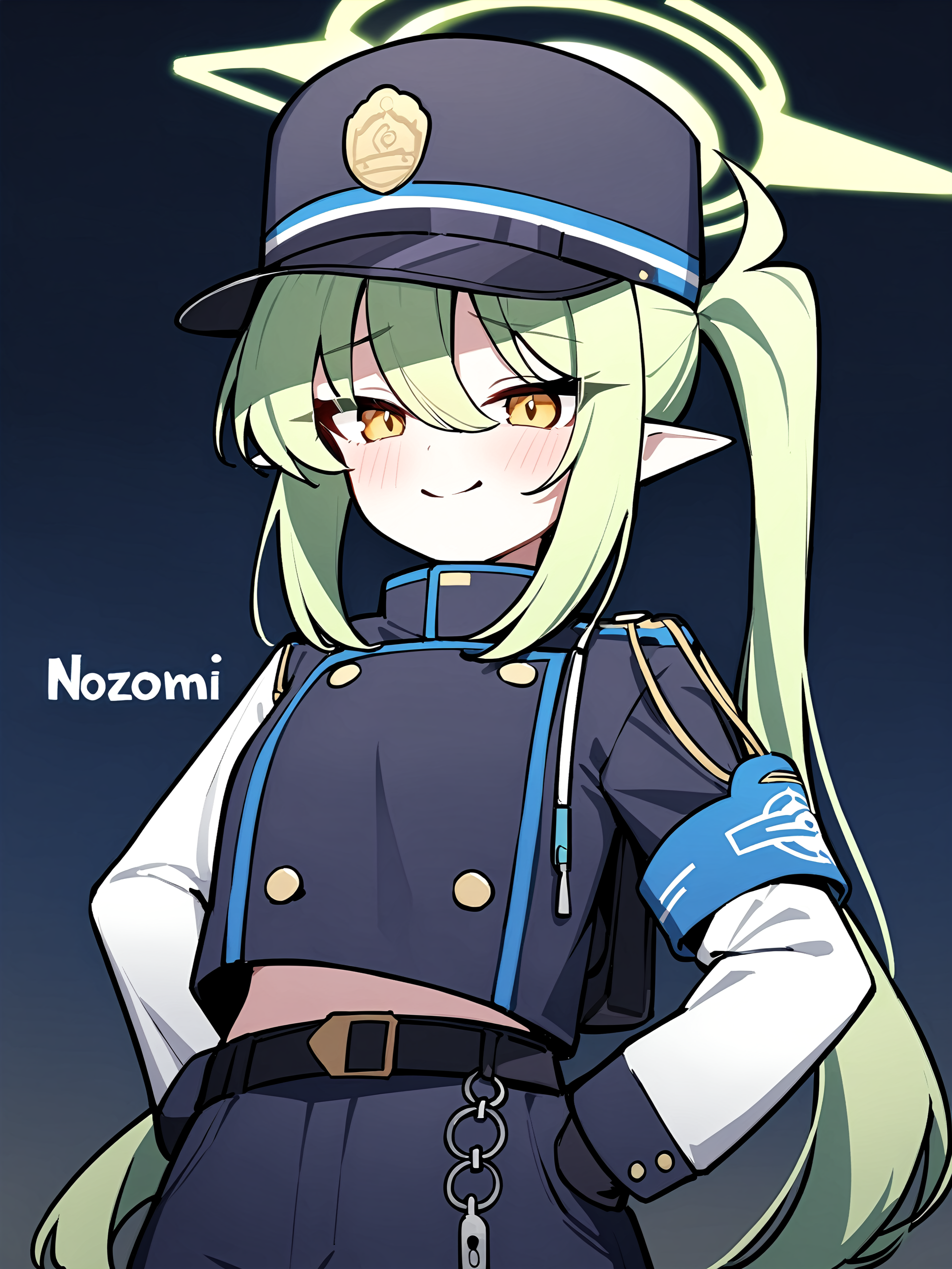 1girl,nozomi \(blue archive\), blue archive, solo, long hair, hat, green hair, pointy ears, halo, yellow eyes, peaked cap, jacket, black gloves, hand on own hip, closed mouth, hair over one eye, looking at viewer, brown necktie, large breasts, eyes visible through hair, smile, long sleeves, side ponytail, gloves, upper body, light green hair, character name, necktie, breasts, english text, blush, black headwear, white jacket, 
masterpiece,best quality,  newest, absurdres, safe <lora:ag31_twin_fp8-000036:1>