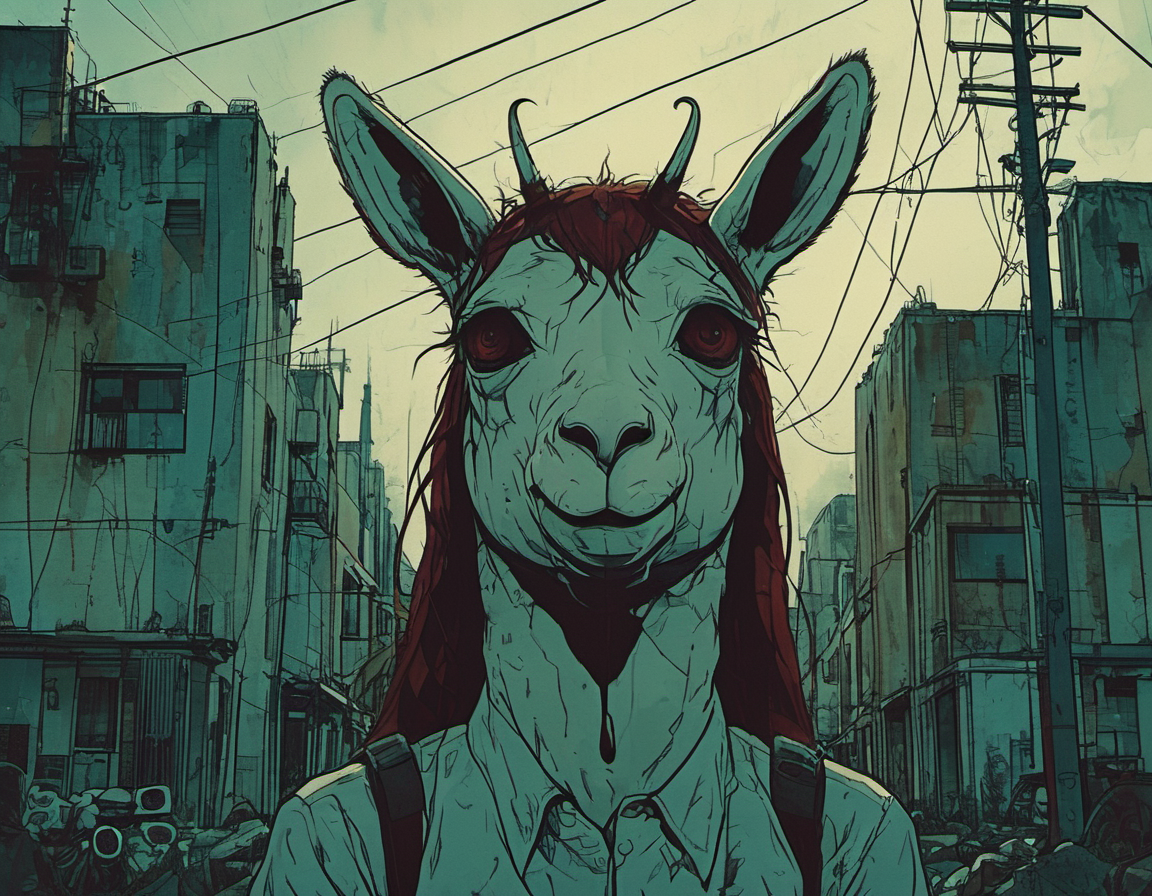 (anthropomorphic evil llama:1.3)  muted colors, cybernetic augments, city background
