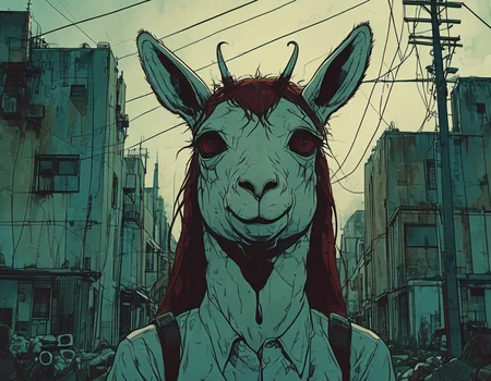 (anthropomorphic evil llama:1.3)  muted colors, cybernetic augments, city background