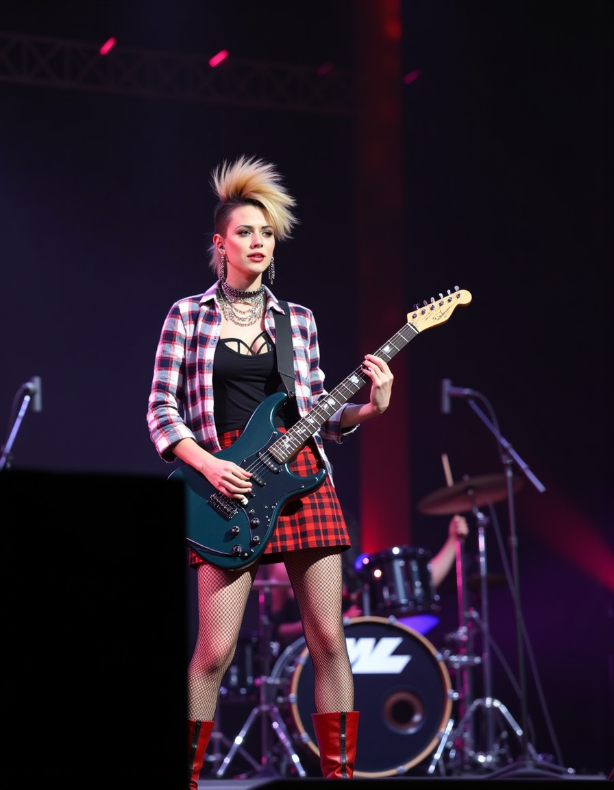 <lora:lora:1> punxgsv2, a beautiful punk woman, plaid shirt, plaid skirt, black top, mohawk hair, in a concert