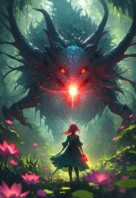 A dynamic action shot of a gargantuan mythical mechanical animal, in a beautiful forest full of pink lotus flowers, TheWeirdies. A girl with red hair a glowing magic book in the foreground. She is summing the beast. BREAK, big eyes, looking at viewer BREAK, intriguing, stunning, hideous, mysterious, undiscovered, terrifying, epic, sci-fi, fantasy scene. BREAK. Semirealistic, painterly, mixed media, ultra-detailed, ray-traced, award-winning, light leaks, lens flare, volumetric light scattering, subsurface scattering, high contrast, implied motion, deep depth of field, colorful, complementary colors, color graded, BREAK, anamorphic (sci-fi lens-flare style) rings, BREAK