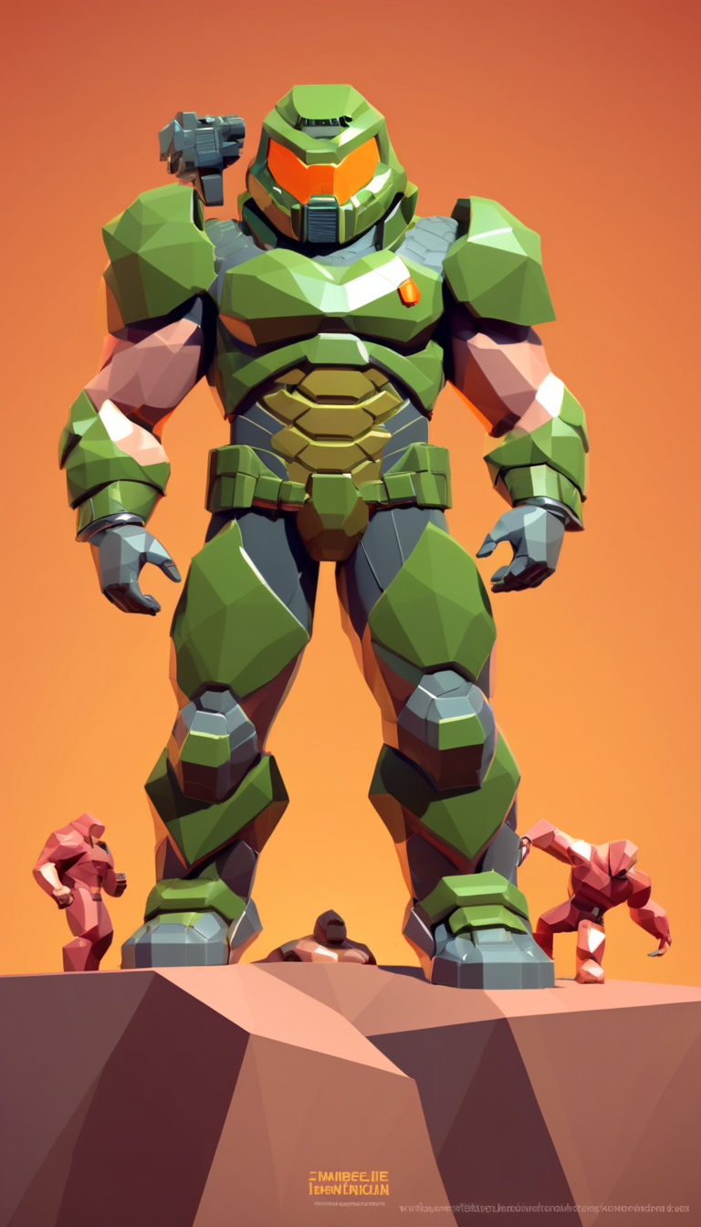low-poly style Cinematic scene, hero view, Doomguy, action pose, detailed background, masterpiece, best quality, high quality, highres, absurdres <lora:doomguy_xl_v1:1> . low-poly game art, polygon mesh, jagged, blocky, wireframe edges, centered composition