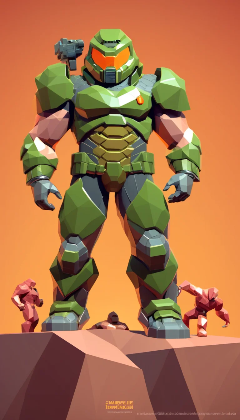 low-poly style Cinematic scene, hero view, Doomguy, action pose, detailed background, masterpiece, best quality, high quality, highres, absurdres <lora:doomguy_xl_v1:1> . low-poly game art, polygon mesh, jagged, blocky, wireframe edges, centered composition