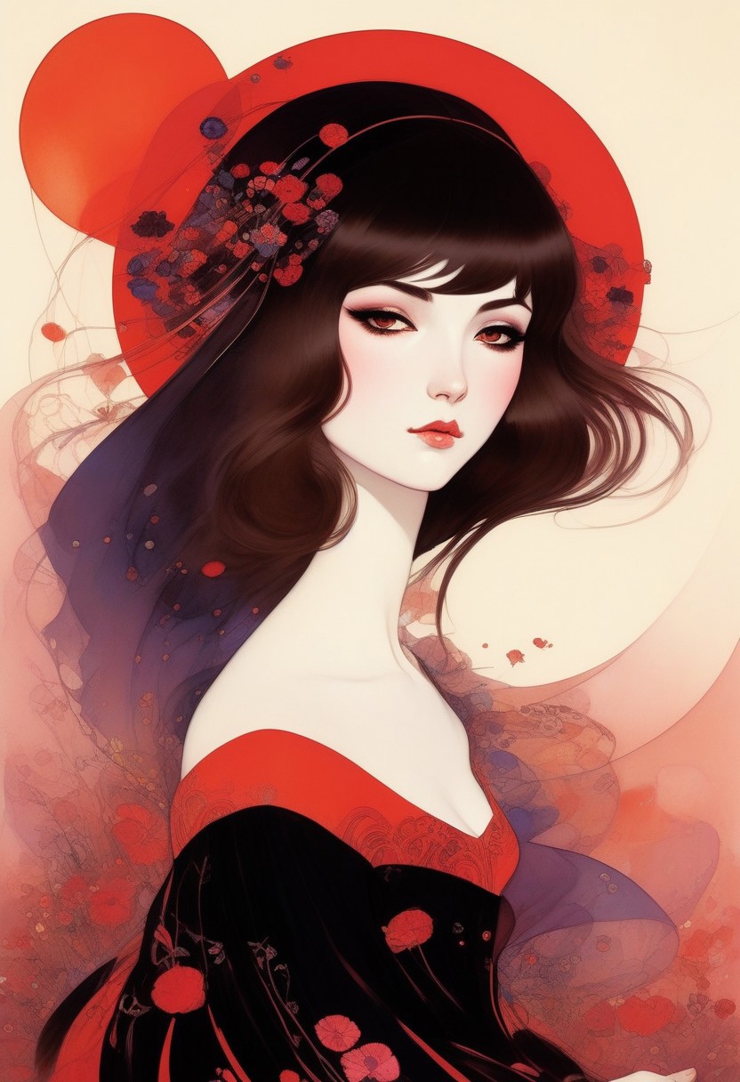 ,tj,LocationInformation,in the style of 2d game art,characterized girl,dmitry vishnevsky, black and red,cute and dreamy,editorial illustrations,kawai girl ,detailed drawing,