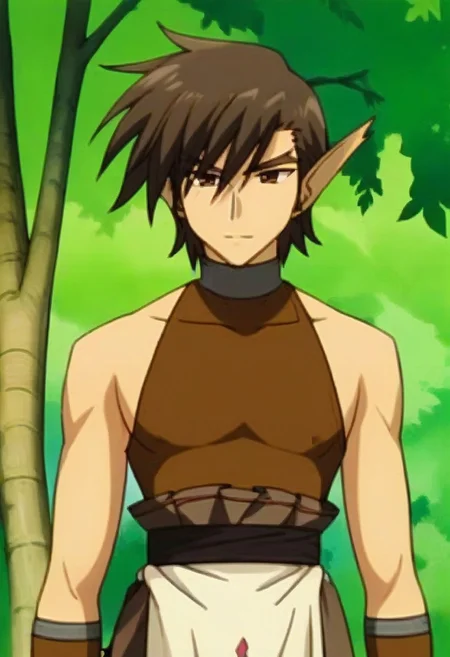 ((masterpiece)), ((best quality)), ((ultra-detailed)), score_9_up, score_8_up, score_7_up,
HD, top quality, best quality, High-quality illustrations, anime screencap, 1boy, 1male, solo male, male focus, anime boy, cute, kawaii, adorable, handsome, sexy, attractive, tall, tall body, lean body, fit lean body, ature, mature appearance, Oboro, long spiky brown hair, brown eyes, long pointed elf ears, brown sleeveless turtleneck, silver neck lining, brown arm gauntlets, brown pants, long white loincloth, zPDXL3, standing, standing straight, facing front, front view, front shot