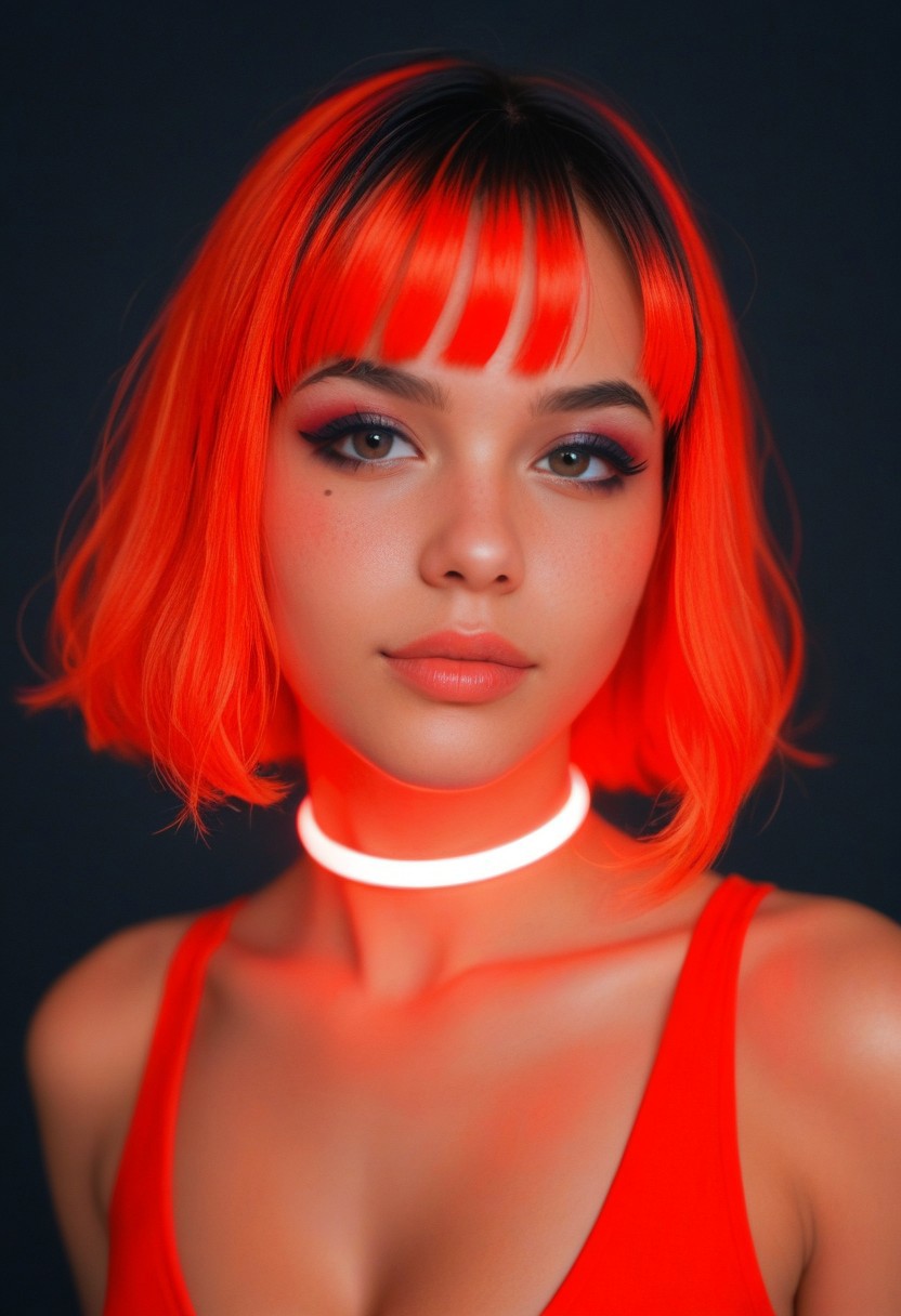 score_9, score_8_up, score_7_up, (realistic:1.4), (thin neck),  ((red theme)), small boobs, cleavage, glowing glowstick choker, (young:1.5), (((boobs focus)))
1girl, multicolored wig, genz_haircut, (bangs:1.1), side view, (detailed face and eyes:1.2), white background, perfect cute face, blushing, ((feminine)), goth makeup, dappled light, sexy cleavage, turning to look at viewer, vibrant colours, jealous_expression, round face, (young:1.3), (((small sagging boobs))), ((glowing, streaks)), circles, evening, black background, dark eyeliner, thick thighs,