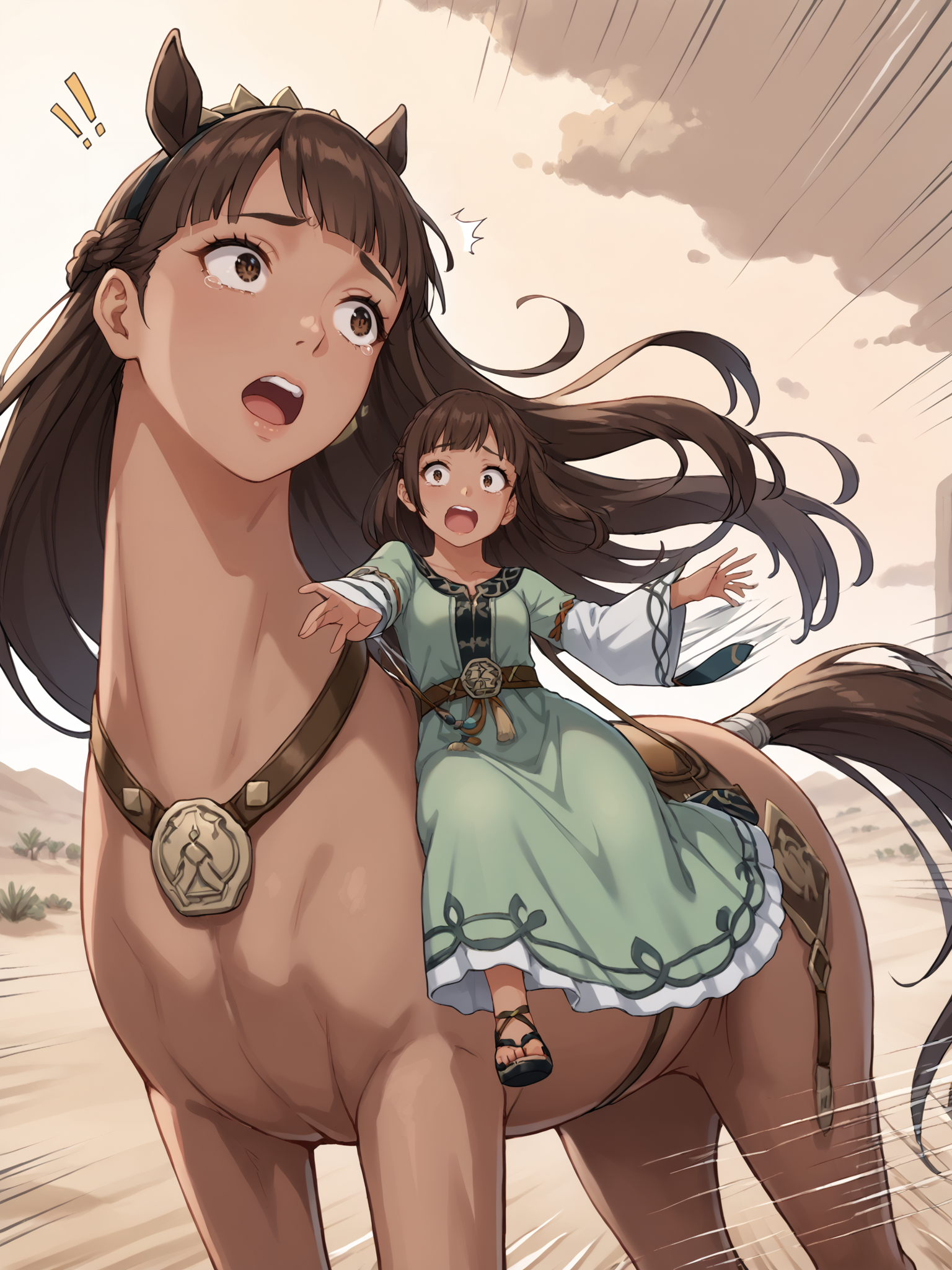 score_9, score_8_up, score_7_up, source_anime, BREAK
<lora:age_slider_v4:0>, (detailed eyes, detailed face, beautiful eyes, long eyelashes, thick eyelashes:1.5), (desert, riding a horse, size difference:1.5), horse, holding reins, saddle, wavy mouth, (open, upper teeth only, surprise, scared:1.5), (speed lines, race:2), 
 <lora:Genshin_NPC_NerminRaef_Pony_v1:0.75>, gnermin, brown hair, brown eyes, bangs, (very long hair:1.3), (floating hair:1.5), (dark skin, very dark skin:1.5), green dress, (long dress:1.3), long sleeves, wide sleeves, white sleeves, sandals, black footwear, black bridal gauntlets, crown braid, (looking away:2.5), (wide hips:1.5), collarbone, bare legs,