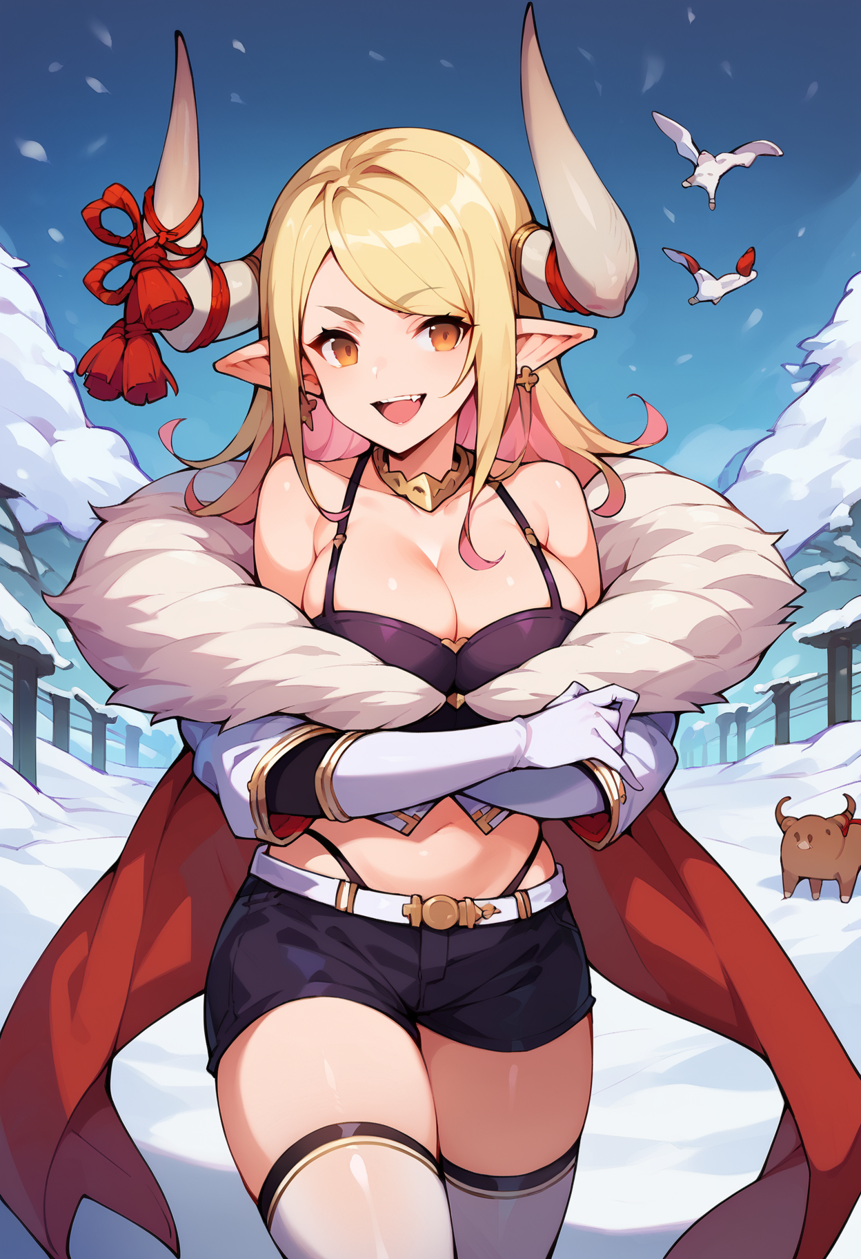 score_9, score_8_up, score_7_up, uncensored, source_anime, 1girl, <lora:spgbfKumbhiraXLPony-000003:1> kumbhiradef, horns, horn ribbon, earrings, white jacket, fur trim, cleavage, white gloves, black shorts, highleg panties, white thighhighs, faint smile, mouth open, arms crossed, leaning fowards, snow, street