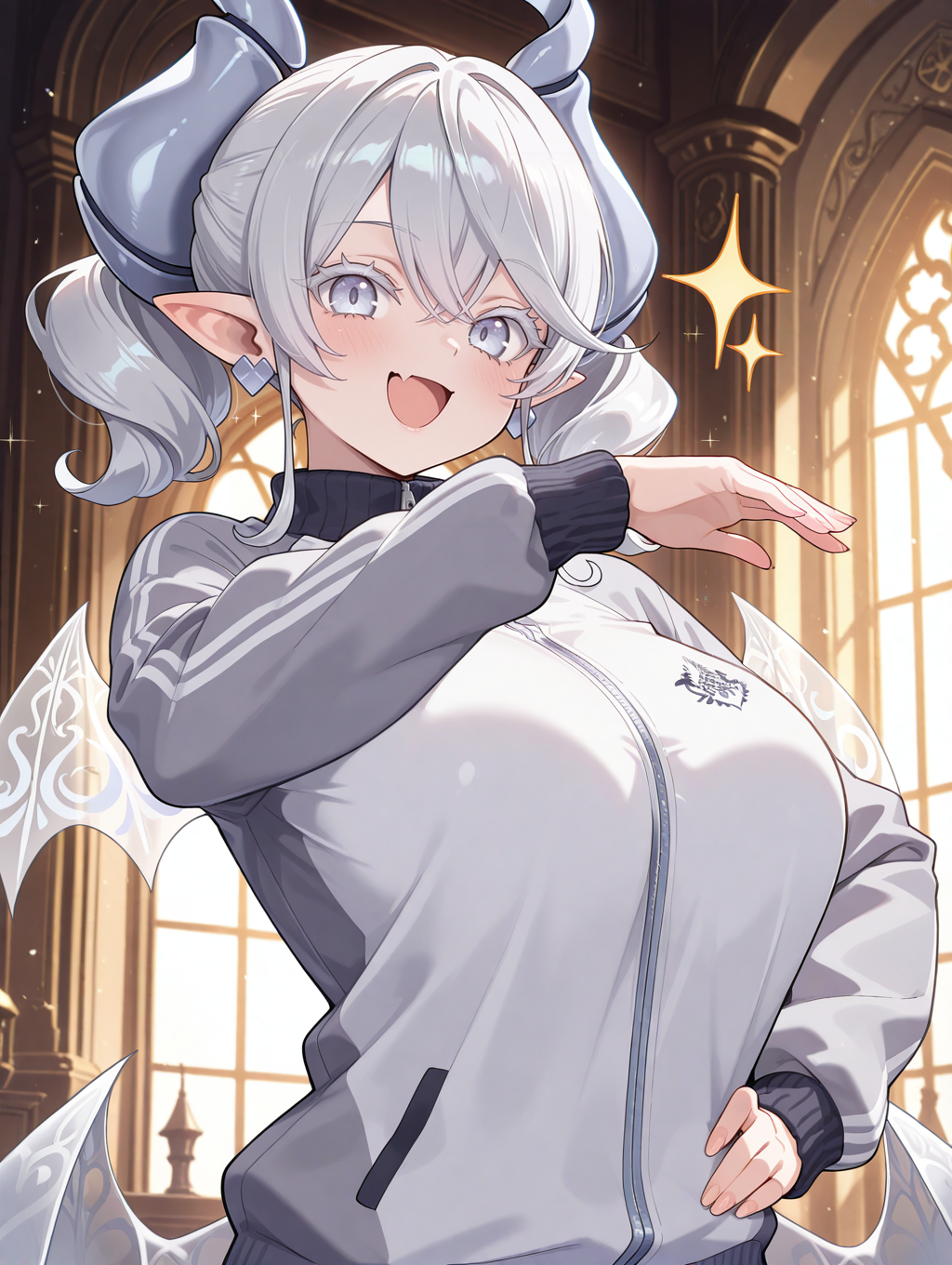 1girl, solo, skin fang, pointy ears, upper body,castle symbol, open mouth, white eyelashes, hand on own hip, large breasts, heart earrings, ojou-sama pose, looking at viewer, smile, blush, grey track jacket, hand on hip, lovely labrynth of the silver castle, demon girl, sparkle, indoors, castle,
masterpiece,best quality,amazing quality,very aesthetic,newest,<lora:Lovely labrynth of the silver castle illuXL v1:0.6>,