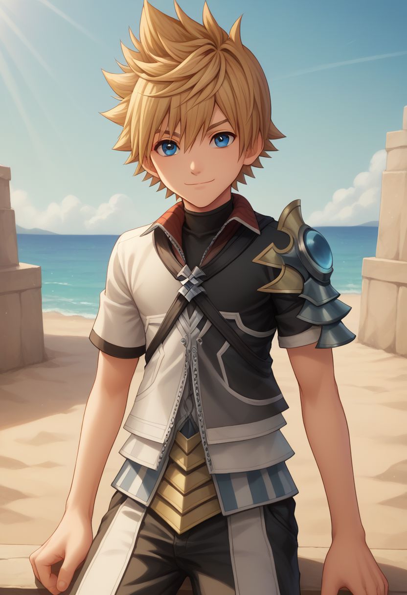 score_9, score_8_up, source_anime, highly detailed, 1boy, solo, male_focus, slender, skinny,
ventus, solo, 1boy, blue eyes, male focus, spiked hair, armor,
looking at viewer, closed mouth, shoulder armor, hair between eyes, blonde hair,
short hair, smile, happy,
outdoor, sit,