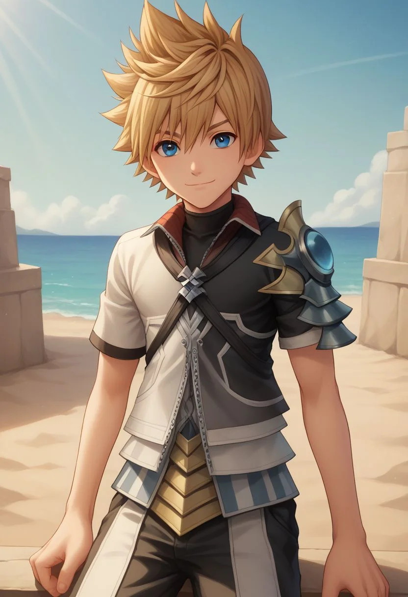 score_9, score_8_up, source_anime, highly detailed, 1boy, solo, male_focus, slender, skinny,
ventus, solo, 1boy, blue eyes, male focus, spiked hair, armor,
looking at viewer, closed mouth, shoulder armor, hair between eyes, blonde hair,
short hair, smile, happy,
outdoor, sit,