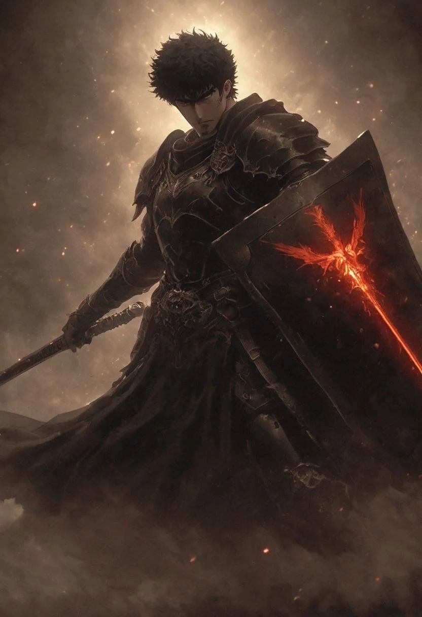 Inspiring Ethereal Masterpiece: A Hyper-Realistic Portrait with Ultra Detailed Anatomy. Witness the Majestic guts from Berserk in a High Kick Stance with translucent orange Sword and shield, Evoking Kentaro Miura's Style. black Warrior helmet, Blood, dust, punching through smoke, light beams, Experience the Hyper-Detailed knightess in Action, Captured in UHD Quality. From a Sideview in nightly neo-Tokyo infront translucent shining blooms, the Scene Offers Cinematic Atmosphere with Deep Blacks and Atmospheric Haze. Shot in Cinemascope, this Candid Camera Moment Delivers Moody Epicness with Imperfections Intact. Explore the Deep Dark Depth Effect and Shallow Depth of Field for an Atmospheric Lighting Experience.