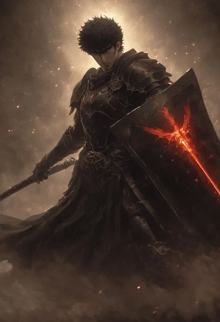 Inspiring Ethereal Masterpiece: A Hyper-Realistic Portrait with Ultra Detailed Anatomy. Witness the Majestic guts from Berserk in a High Kick Stance with translucent orange Sword and shield, Evoking Kentaro Miura's Style. black Warrior helmet, Blood, dust, punching through smoke, light beams, Experience the Hyper-Detailed knightess in Action, Captured in UHD Quality. From a Sideview in nightly neo-Tokyo infront translucent shining blooms, the Scene Offers Cinematic Atmosphere with Deep Blacks and Atmospheric Haze. Shot in Cinemascope, this Candid Camera Moment Delivers Moody Epicness with Imperfections Intact. Explore the Deep Dark Depth Effect and Shallow Depth of Field for an Atmospheric Lighting Experience.