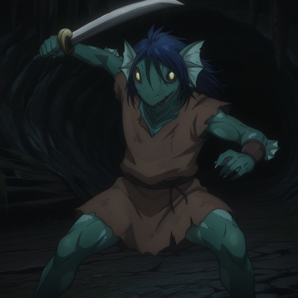 masterpiece, best quality, amazing quality, FishmanslfIL, anthro, green skin, blue hair, head fins, black sclera, yellow eyes, torn clothes,  brown tunic, cave, fighting stance, holding sword